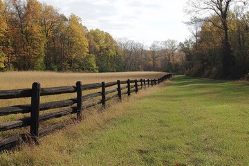 Fototapeta premium Country road with wooden fence and golden grass field