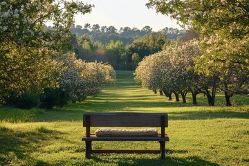 Fototapeta premium Park bench surrounded by lush greenery and trees