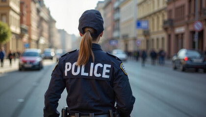 Female police officer on patrol back,  International Women's Day, Labor Day