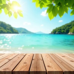 Fototapeta premium Wooden table top with blurred sea water and summer sky background, natural light pouring in, summer scene, outdoor decor