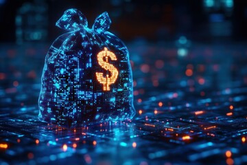 digital blue money bag with dollar icon binary code ai financial transactions fraud detection investment portfolio management personalized financial planning services