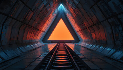 Obraz premium Futuristic Dark Triangular Corridor with Glowing Window and Underground Track