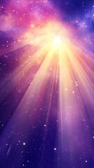A vibrant cosmic scene with beams of light radiating through a starry purple background.