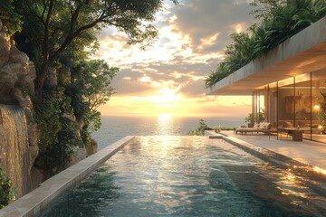 Fototapeta premium Luxury redefined. Oceanfront sunsets & tranquil waterfall views. Unwind in paradise.