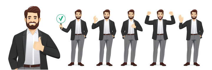 Set of handsome man wearing office casual clothes in different poses. Greeting, showing ok sign, thumbs up, exited, showing approve sign. Isolated vector illustration