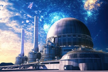 Obraz premium Futuristic energy facility under a starry sky with towering smokestacks and round dome