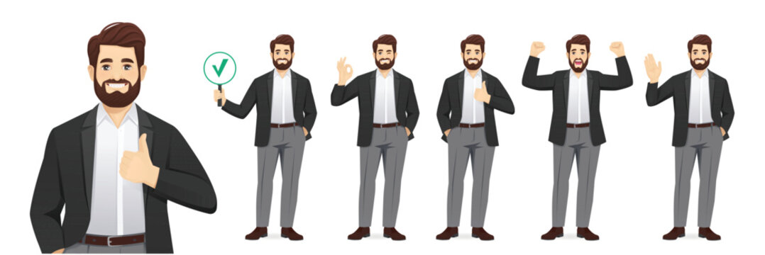 Set of handsome man wearing office casual clothes in different poses. Greeting, showing ok sign, thumbs up, exited, showing approve sign. Isolated vector illustration