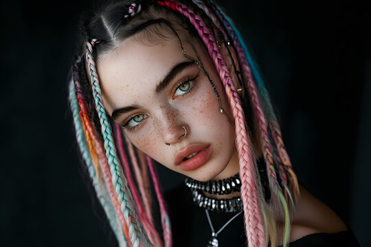Retrato art&iacute;stico de una joven con largas trenzas de colores, pecas visibles, y ojos verdes intensos. Lleva accesorios modernos como un collar met&aacute;lico y piercings, con fondo oscuro para destacar.

