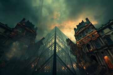 A dramatic view of modern and historical architecture under a moody sky, showcasing urban contrast and beauty.