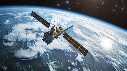 Fototapeta premium Satellite in space orbits the earth with visible solar panels and stars.