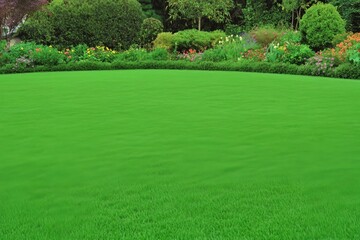 Obraz premium A carpet of fresh green grass, smoothly curved by bushes, is set against a backdrop of trees, in a meticulously landscaped garden under a cloudy sky and morning sunlight