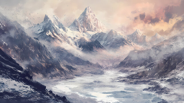 Sfondo semplice con montagne e fiume che scorre nel mezzo. disegno. Glimpse. Illustration