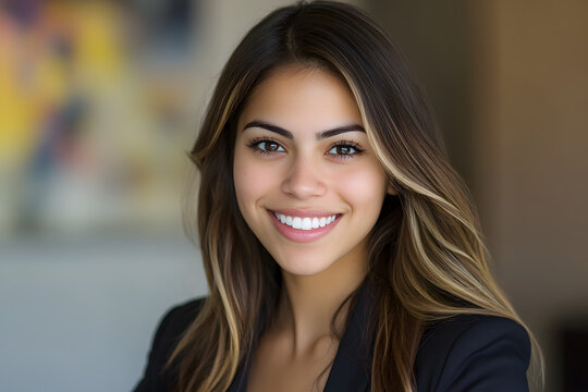 A close-up headshot of a smiling young woman with long wavy hair and natural makeup, exuding confidence and positivity in a softly lit indoor environment.
