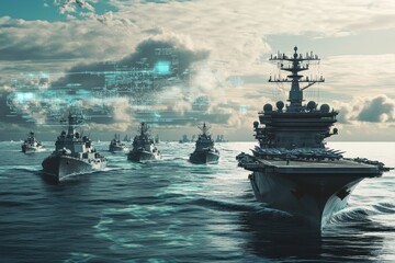 Naval fleet conducting operations with advanced technology in ocean waters