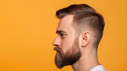 Obraz premium A bearded man stands against a sunny yellow backdrop, his expression revealing deep concern and thoughtfulness.