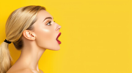 Naklejka premium Vibrant portrait of a surprised woman with wideopen mouth, expressing pure joy and excitement against a bright yellow backdrop.