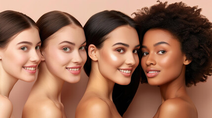 Obraz premium A vibrant portrait showing a multiracial group of friends with cheerful smiles, radiating joy and friendship together.