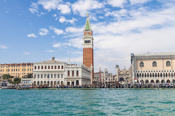 Italy, Venice. Buildings along the Grand Canal. St. Mark's Campanile (Venice Bell Tower).