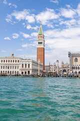 Italy, Venice. Buildings along the Grand Canal. St. Mark's Campanile (Venice Bell Tower).