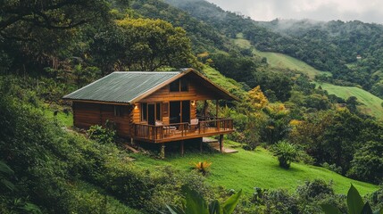 Fototapeta premium Wooden cabin, verdant hillside, lush tropical foliage.