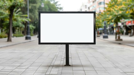 Fototapeta premium A blank billboard in a sunny outdoor cafe, perfect for showcasing brand mockups and creative ads.
