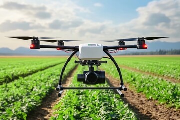 Drone flying over green crop fields for agricultural monitoring and data collection