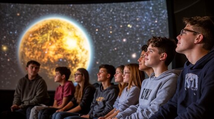 Fototapeta premium Group of Students Watching Solar Projection in Planetarium