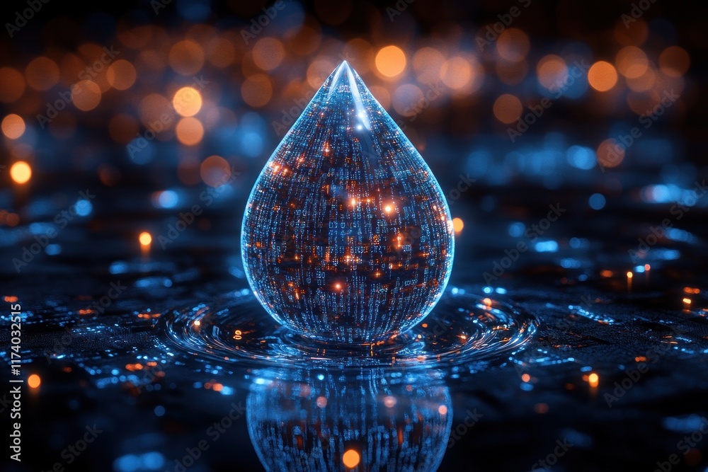 Poster blue water droplet icon with binary code artificial intelligence hydrology management environmental 