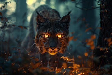 A majestic lynx prowls through the forest, illuminated by soft light, showcasing its striking features.