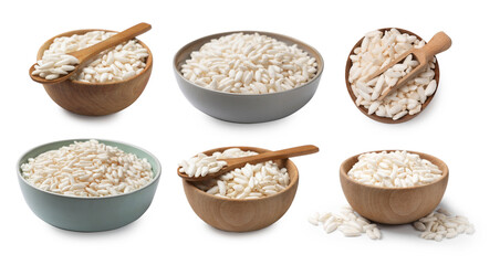 Crispy puffed rice in bowls isolated on white, set