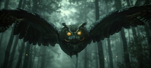 Fototapeta premium A majestic owl glides through a mystical forest, its glowing eyes piercing the serene darkness of the woods.