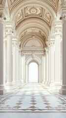 Obraz premium Elegant white colonnade hall with arched ceiling and marble floor.
