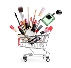Different makeup products falling into small shopping cart on white background. Decorative cosmetics © New Africa