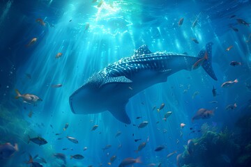 Fototapeta premium A majestic whale shark glides through blue waters surrounded by colorful fish, showcasing the beauty of marine life.