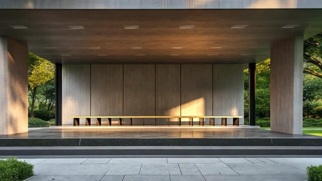 Modern architectural structure featuring a spacious outdoor stage with a minimalist design in a lush green park setting