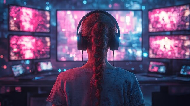anime girl gamer in neon gaming center wearing headphones playing video games