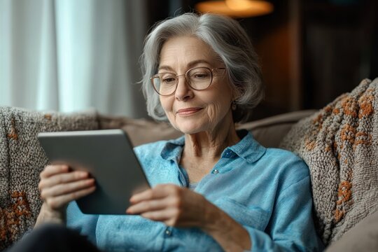 Senior woman using tablet at home smiling in cozy living room with natural light leisure technology online shopping