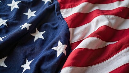 Fototapeta premium Close-up view of the American flag waving elegantly, showcasing its vibrant colors and rich symbolism against a soft background.