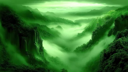 Fototapete A serene green landscape shrouded in mist, evoking tranquility and natural beauty. © AnggunArtworks