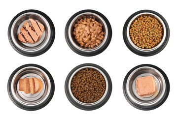 Dry and wet pet food in bowls on white background, set. Top view