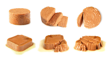 Wet pet food on white background, set