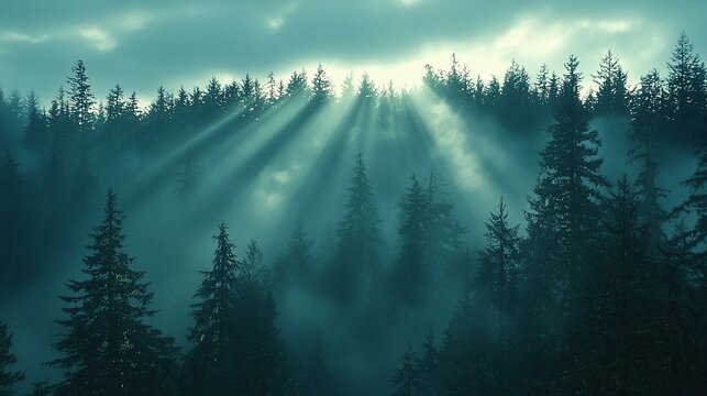 Sunbeams pierce misty evergreen forest.