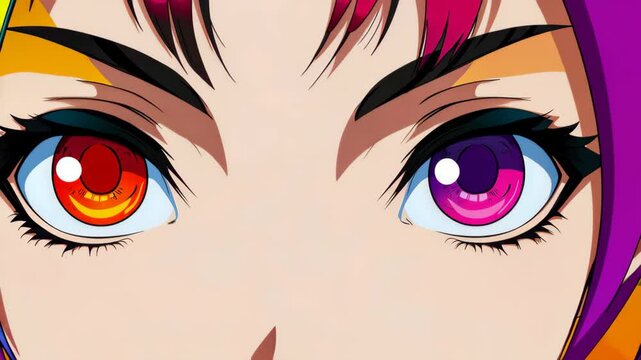 A vibrant vector art featuring a cartoonstyle anime face with striking red eyes, set against a colorful backdrop.