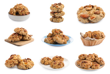 Yummy nut cookies on white background, set