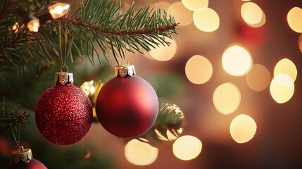 Fototapeta premium Red Christmas ornaments hang on a tree branch, illuminated by warm bokeh lights.