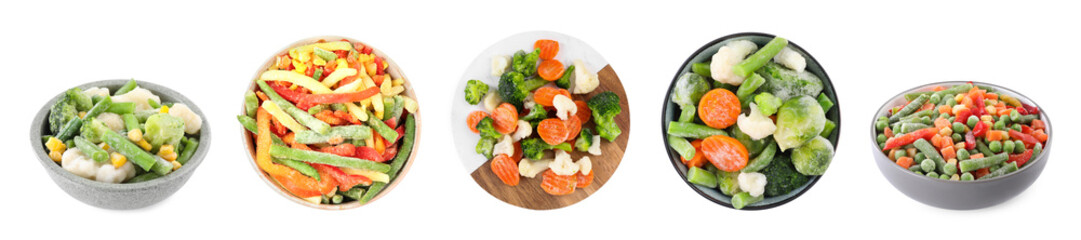 Different frozen vegetables isolated on white, set