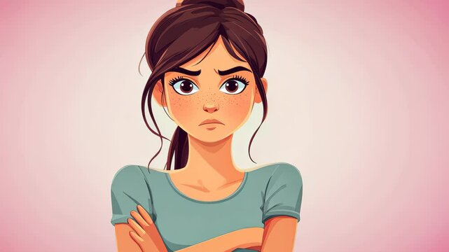 A cartoon woman with a frown sits alone, her big eyes reflecting disappointment and concern about her day.