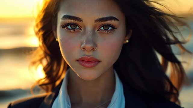 A stunning seaside portrait featuring a girl in a stylish school uniform, vibrant sunset, and dynamic pose that captivates.