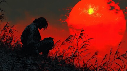 Vibrant Modern Ninja Illustration with Bamboo and Sunset