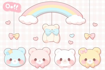 A cute mobile featuring pastel teddy bears and a rainbow.